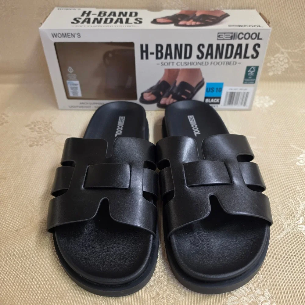 32 Degrees Cool Women H-Band Sandals Black Soft Cushioned Footbed Slides Size 10